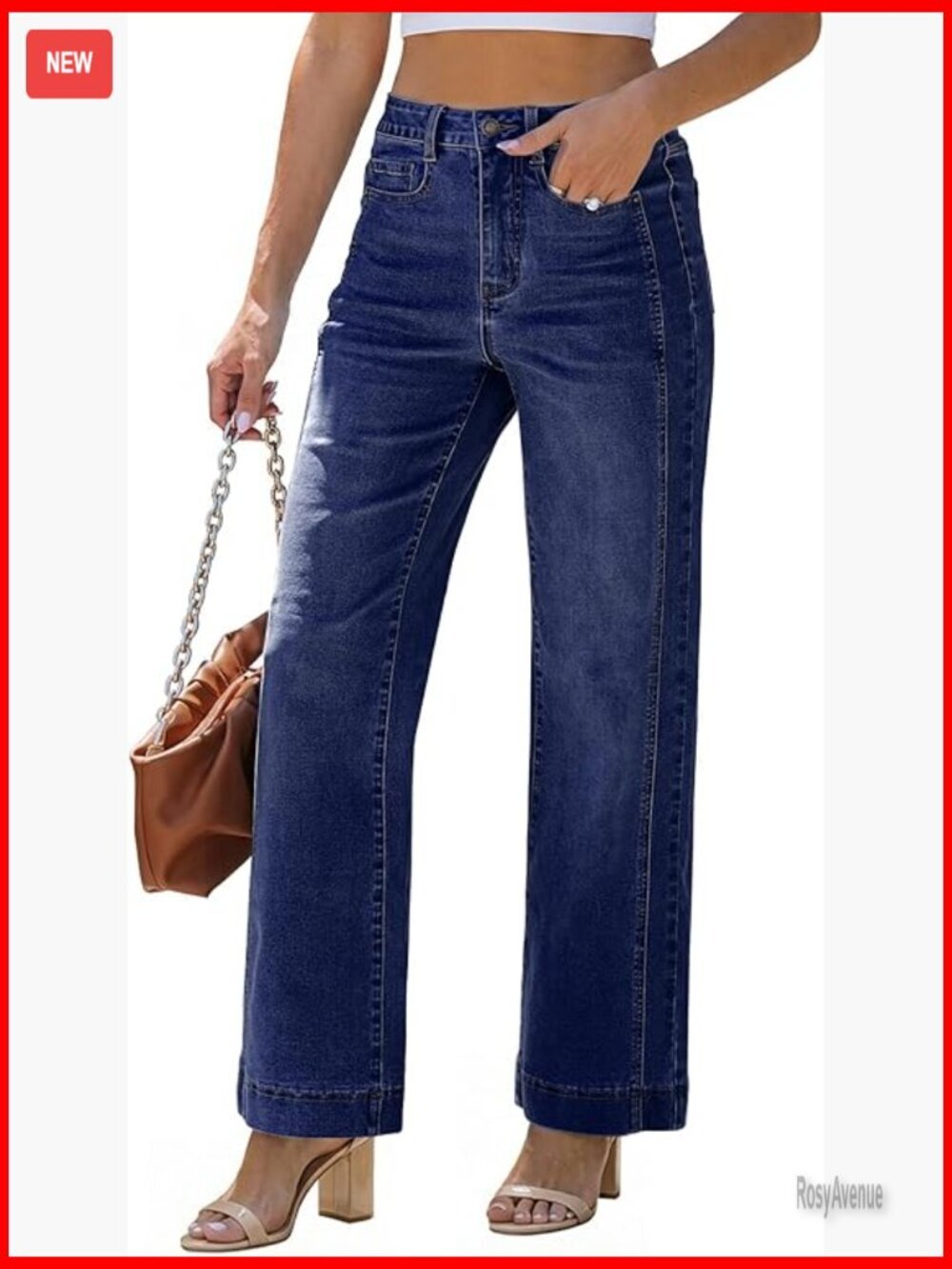 High Waisted Wide Leg Jeans with Pockets Stretchy Denim Trousers
